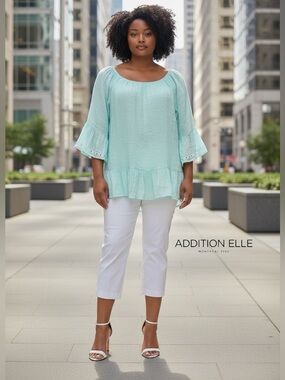 Addition Elle, Mint Green Flowy Boho Blouse, Plus Size 18 Lightweight Ruffle Top
